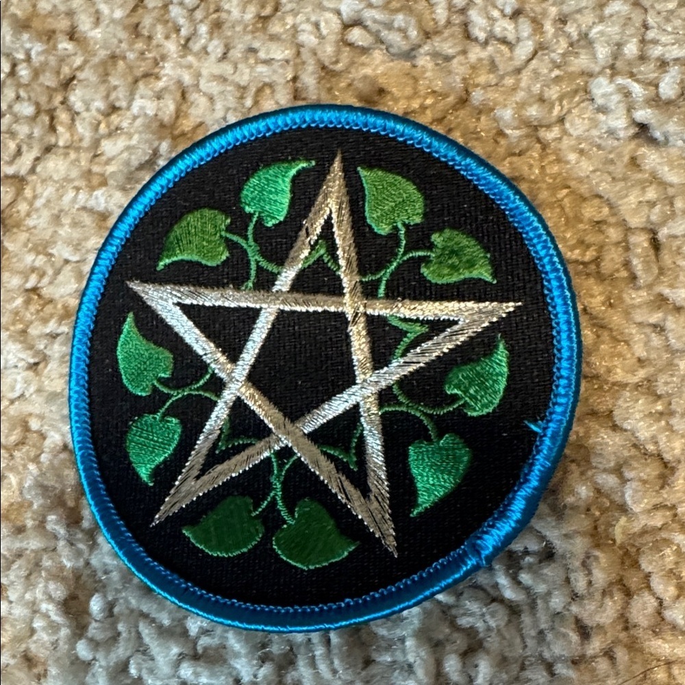 Embroidered pentacle Patch with Green Leaves